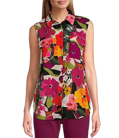 Investments Point Collar Sleeveless Floral Button Tie Front Top