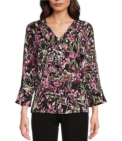Investments Riley Woven Floral Sprigs Cascading Ruffled V-Neck 3/4 Sleeve Top