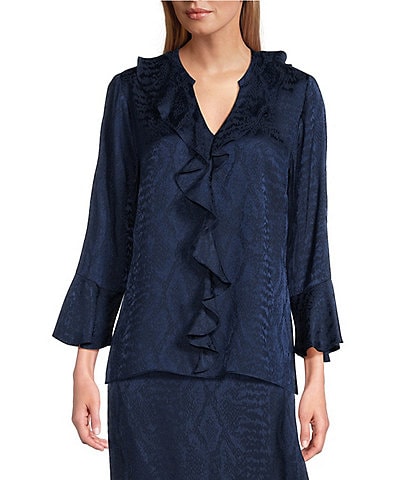 Investments Riley Woven Python Print Cascading Ruffle Y-Neck Long Sleeve Coordinating Top