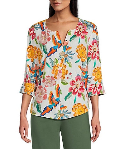 Investments Rio Print 3/4 Sleeve Split V-Neck Button Shirt