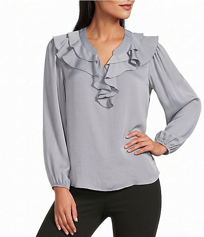 Investments Ruffle V-Neck Long Sleeve Blouse