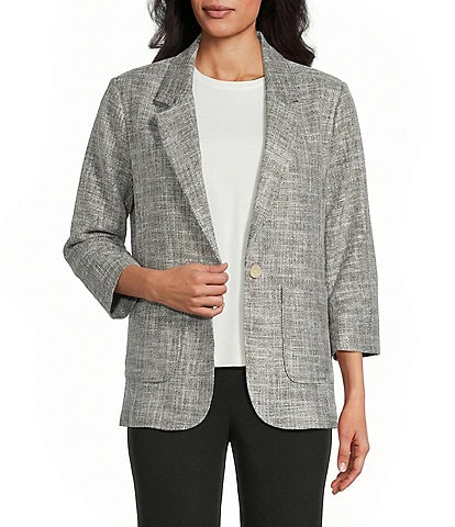 Investments Scratch Pattern 3/4 Ruched Sleeve Notch Lapel Lined Button Front Blazer