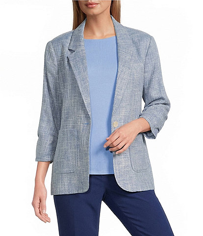 Investments Scratch Pattern 3/4 Ruched Sleeve Notch Lapel Lined Button Front Blazer