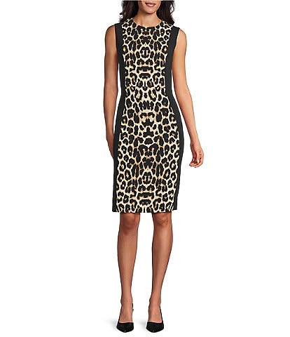 Investments Scuba Crepe Animal Print Block Sleeveless Sheath Dress