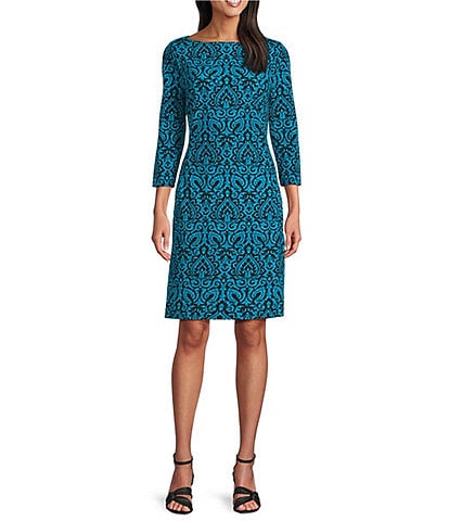 Investments Scuba Crepe Aqua Scroll Print 3/4 Sleeve Ballet Neck Sheath Dress