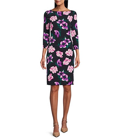 Investments Scuba Crepe Blue Floral Print 3/4 Sleeve Ballet Neck Sheath Dress