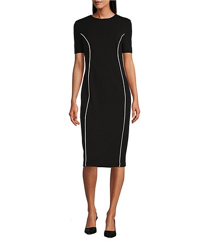 Investments Scuba Crepe Short Sleeve Contrast Piping Sheath Dress