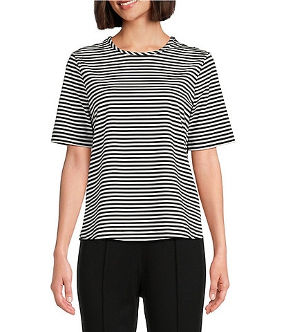 Investments Short Sleeve Crew Neck Stripe Knit Top