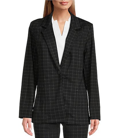 Investments Signature Ponte Windowpane Long Sleeve One Button Coordinating Blazer