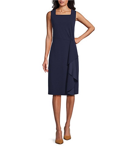 Investments Sleeveless Square Neck Faux Wrap Ruffle Sheath Dress
