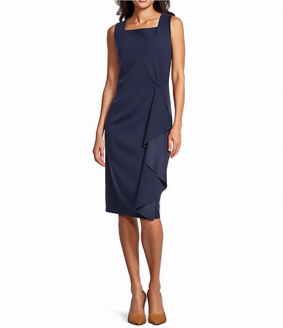 Investments Scuba Crepe Sleeveless Square Neck Faux Wrap Ruffle Sheath Dress