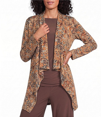 Investments Soft Separates Black/Pinecone Painted Paisley Print Long Sleeve Open Front Jacket