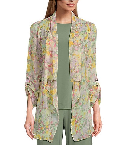 Investments Soft Separates Blurred Garden Floral Print Open Drape Front Long Roll-Tab Sleeve Jacket