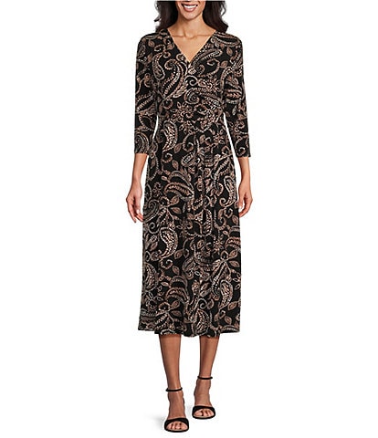 Investments Soft Separates Dotted Paisley Print Surplice V-Neck 3/4 Sleeve Faux Wrap Midi Dress