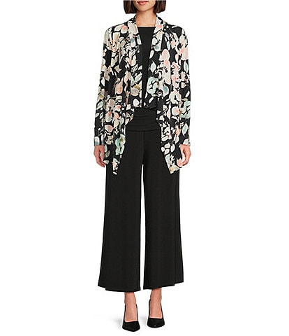 Investments Soft Separates Floral Jade Print Long Sleeve Open Front Jacket & Wide Leg Pull-On Crop Pants