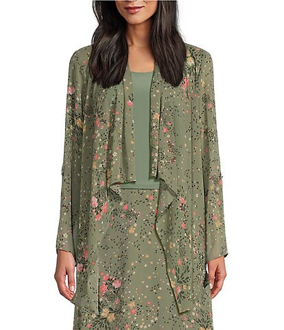 Investments Soft Separates Floral Muse Print Open Drape Front Long Roll-Tab Sleeve Cardigan