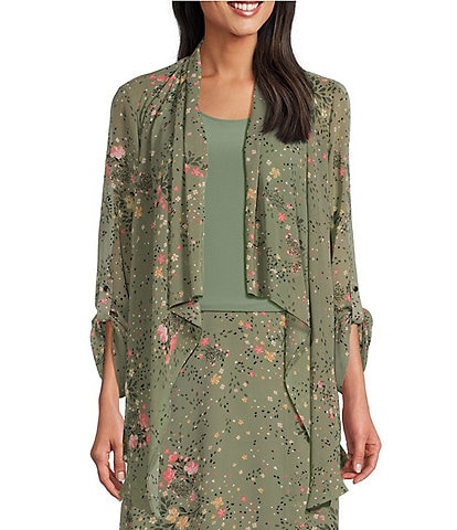 Investments Soft Separates Floral Muse Open Drape Front Long Roll-Tab Sleeve Coordinating Cardigan