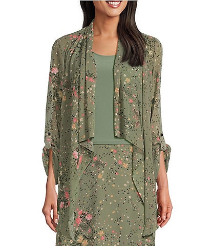 Investments Soft Separates Floral Muse Open Drape Front Long Roll-Tab Sleeve Coordinating Cardigan