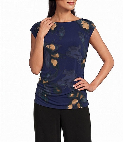 Investments Soft Separates Multi Exploded Floral Print Crew Neck Ruched Cap Sleeve Top
