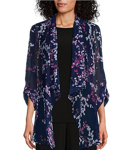 Investments Soft Separates Twilight Blooms Print Open Front Long Roll-Tab Sleeve Jacket