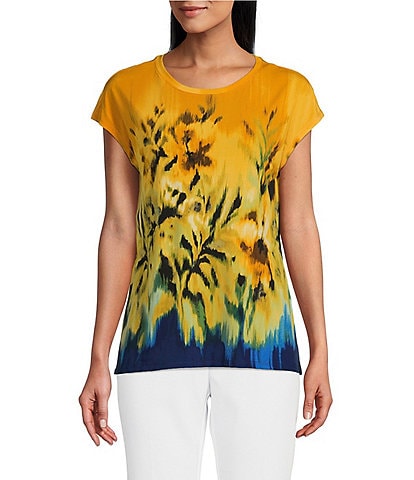 Investments Tropical Floral Cap Sleeve Crew Neck Top
