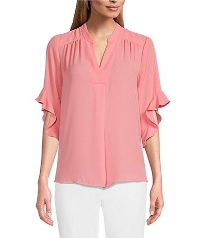 Investments V-Neck 3/4 Ruffled Sleeve Woven Top