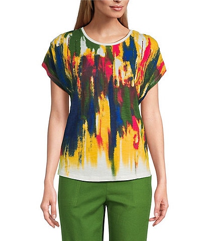Investments Watercolor Multi Short Sleeve Novelty Crew Neck Top