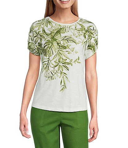 Investments Wispy Leaf Short Sleeve Novelty Crew Neck Top