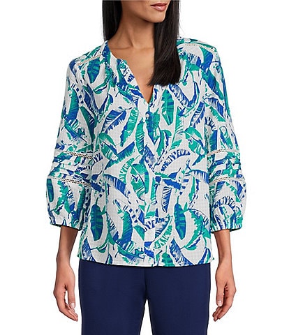 Investments Woven 3/4 Sleeve Y-Neck Button Front Top