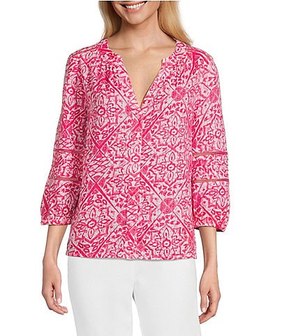 Investments Woven 3/4 Sleeve Y-Neck Button Front Top