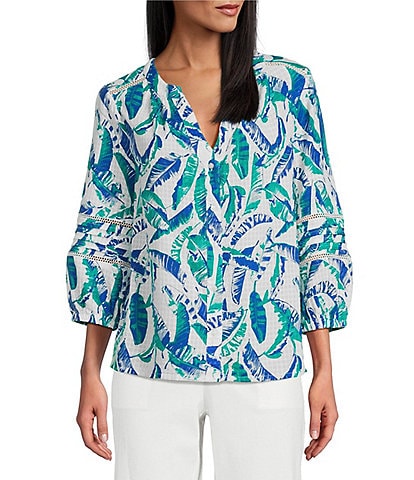 Investments Woven 3/4 Sleeve Y-Neck Button Front Top