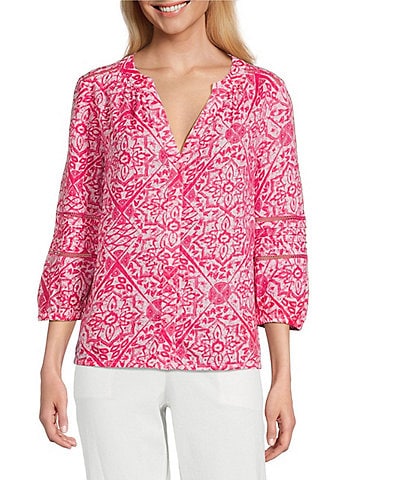 Investments Woven Etch Print 3/4 Sleeve Y-Neck Button Front Top