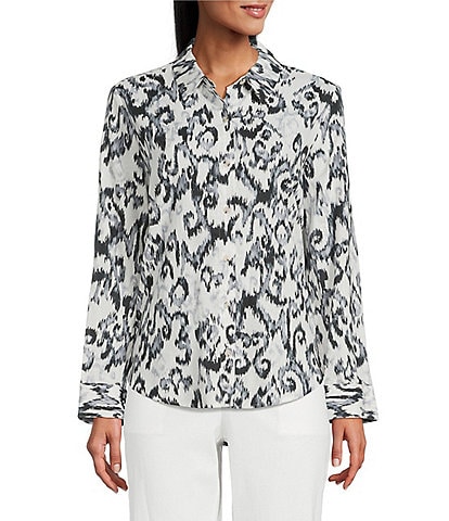 Investments Woven Black White Ikat Long Sleeve Point Collar Button Front Top