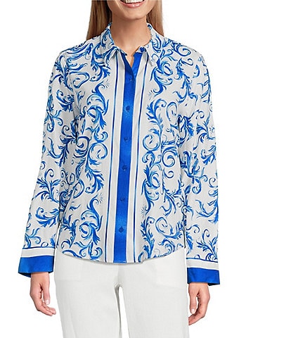 Investments Woven Blue Lolite Status Border Long Sleeve Point Collar Button Front Top