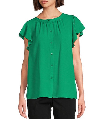 Investments Woven Button Front Flutter Cap Sleeve Top