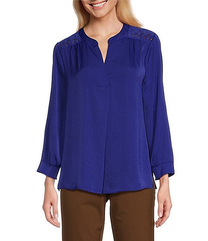 Investments Woven Inverted Pleat V-Neck 3/4 Sleeve Embellished Top