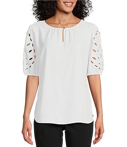 Investments Woven Laser Cut Sleeve Keyhole Neck Blouse