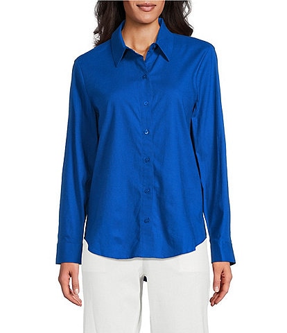 Investments Woven Long Sleeve Point Collar Button Front Top