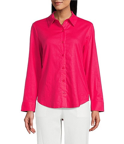 Investments Woven Long Sleeve Point Collar Button Front Top