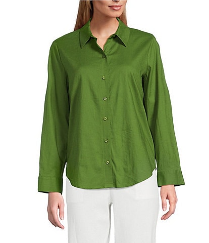 Investments Woven Long Sleeve Point Collar Button Front Top