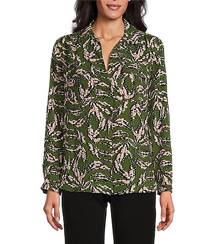 Investments Abstract Leaf Print Woven Long Sleeve V-Neck One Button Closure Blouse