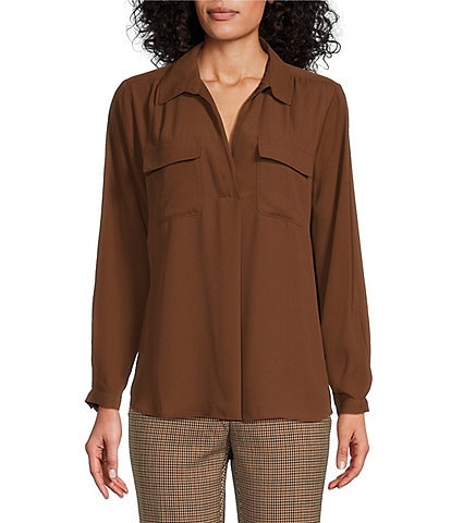 Investments Woven Long Sleeve V-Neck One Button Closure Blouse