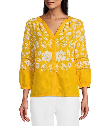 Investments Woven Medallion Floral 3/4 Sleeve Y-Neck Button Front Top