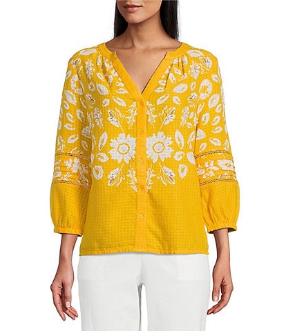 Investments Woven Medallion Floral 3/4 Sleeve Y-Neck Button Front Top