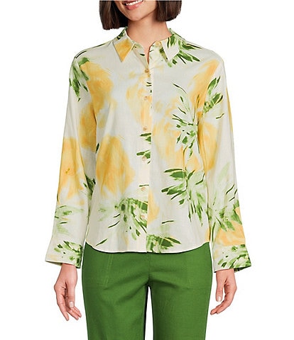 Investments Woven Pineapple Print Long Sleeve Point Collar Button Front Top