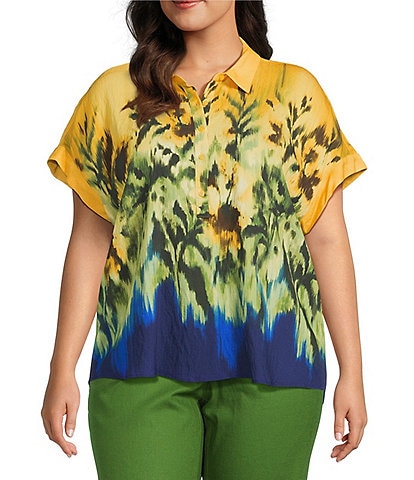 Investments Woven Plus Size Tropical Floral Short Sleeve Point Collar Partial Button Front Top