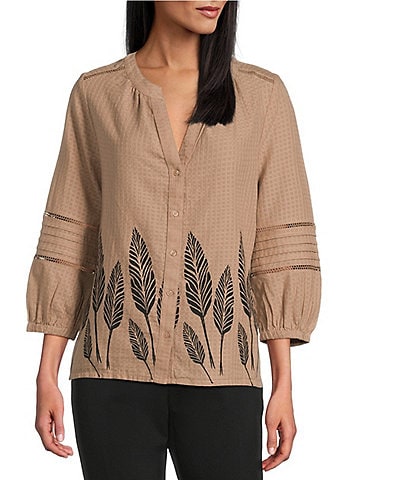 Investments Woven Portabella Leaf 3/4 Sleeve Y-Neck Button Front Top