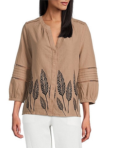 Investments Woven Portabella Leaf 3/4 Sleeve Y-Neck Button Front Top