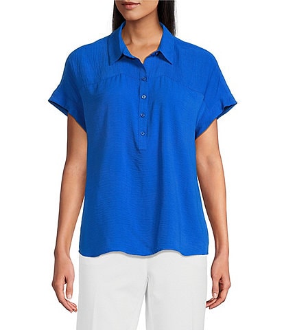 Investments Woven Short Sleeve Point Collar Partial Button Front Top