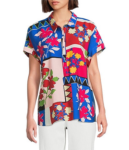 Investments Woven Stamp Patch Short Sleeve Point Collar Partial Button Front Top